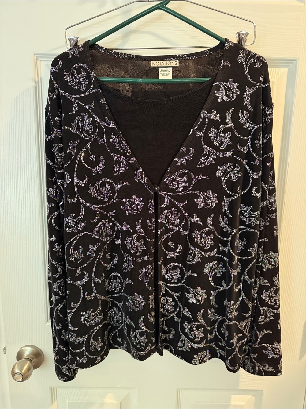 Notations Black Cardigan with Silver Floral Swirl V-Neck